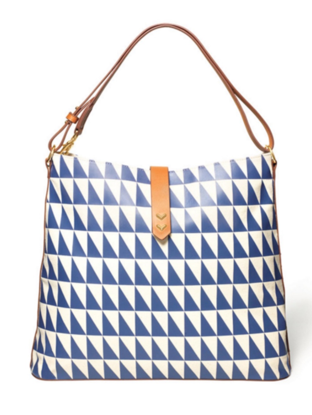 Blue & White Geometric Tote Bag with Tan Trim